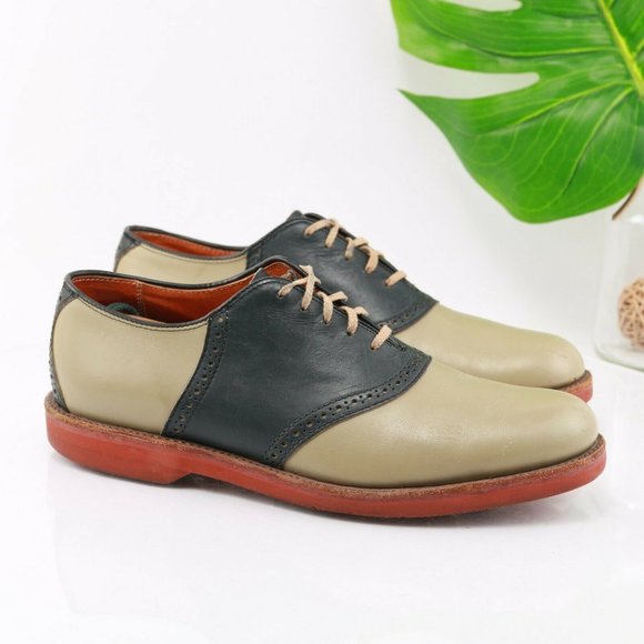 Vintage Cole Haan USA Saddle Oxford Men Size 9.5 D Beige Navy Blue Leather Comfy - Picture 3 of 12